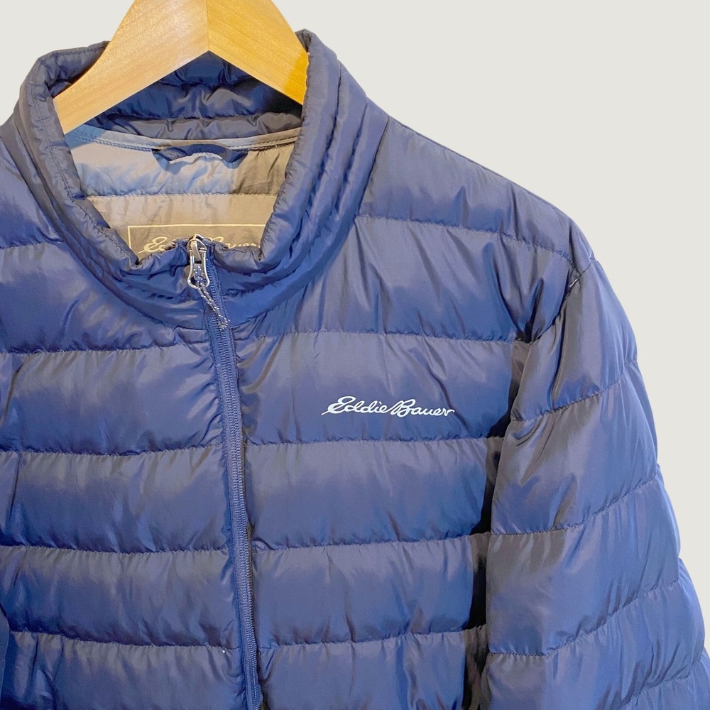 Eddie Bauer Puffer Jacket Mens XL Navy Blue Excellent 650 Down Quilted Zip Up